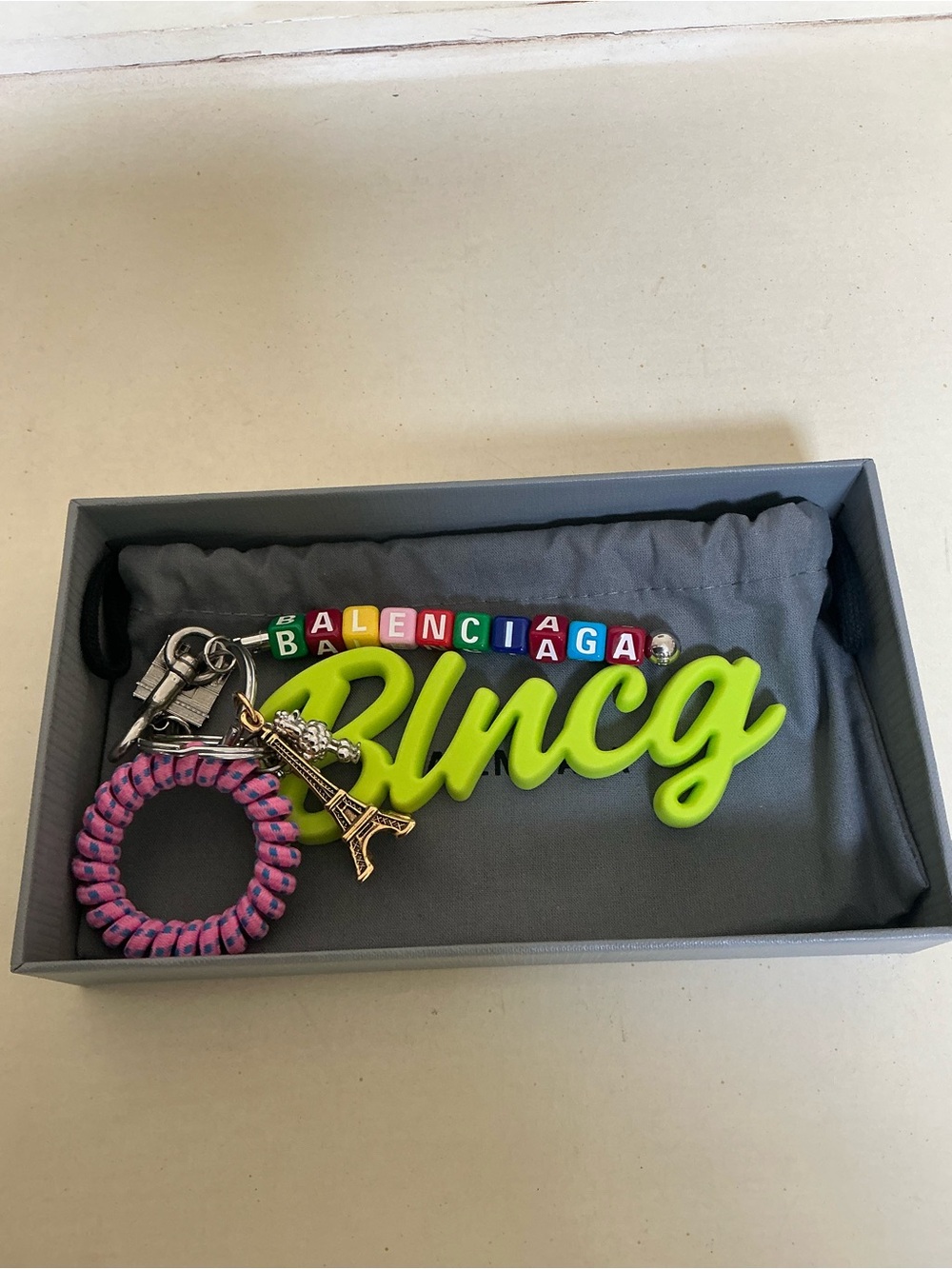 NEW IN BOX BALENCIAGA NEON MULTICOLORED BAG CHARM KEYCHAIN FOB RARE!!!